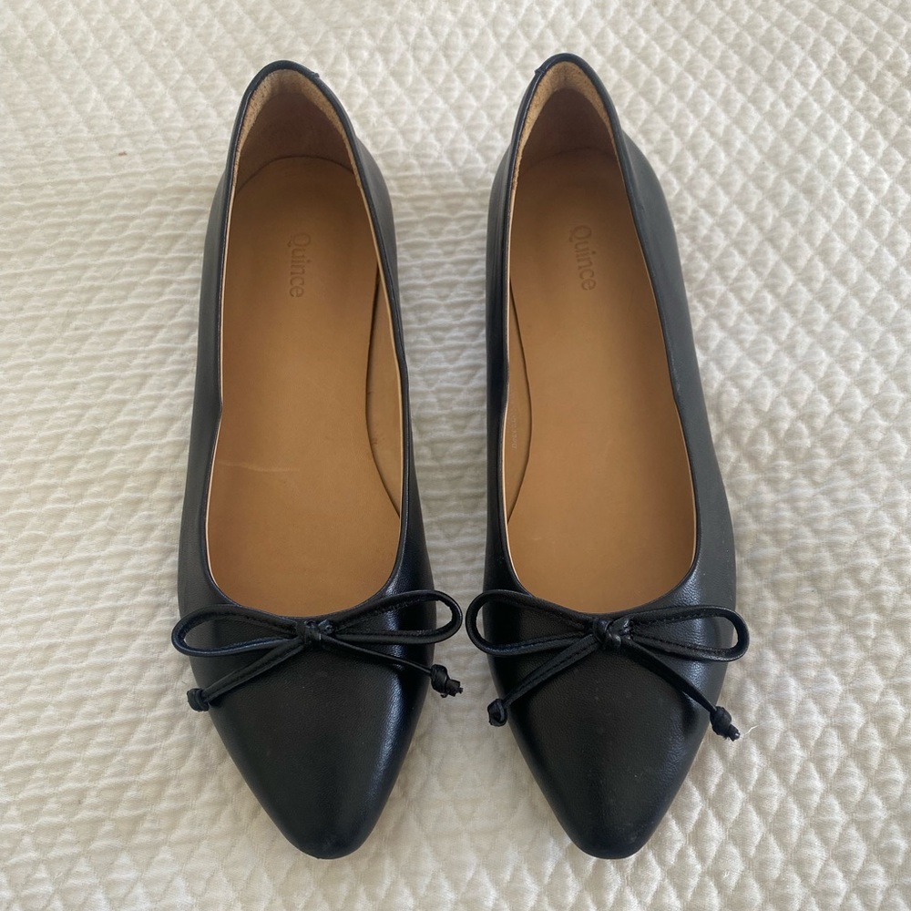 Quince Black Leather Flats with Bow Detail and Pointed Toe